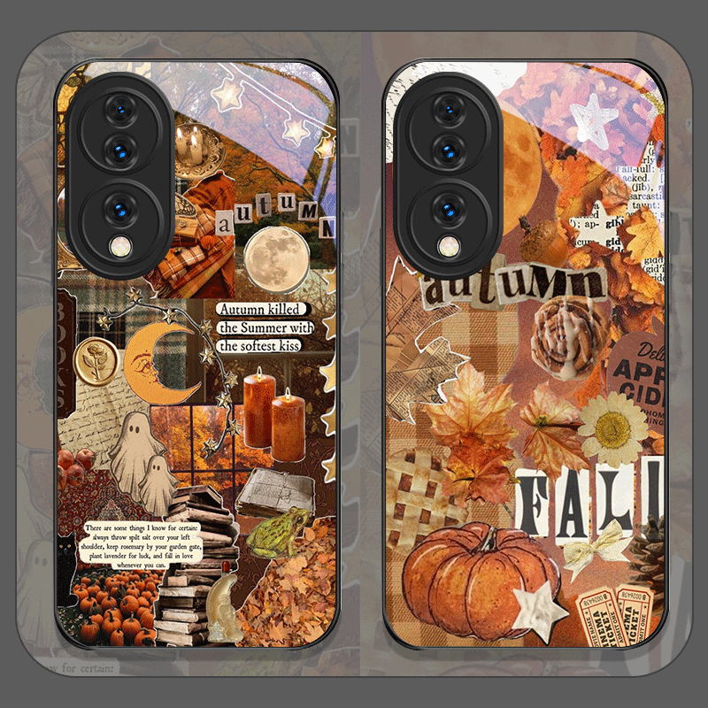 Huawei Mate 60 - เคสโทรศัพท์กระจกนิรภัย ลายตาราง ฟักทอง ใบไม้ฤดูใบไม้ร่วง สไตล์เรโทร สำหรับ